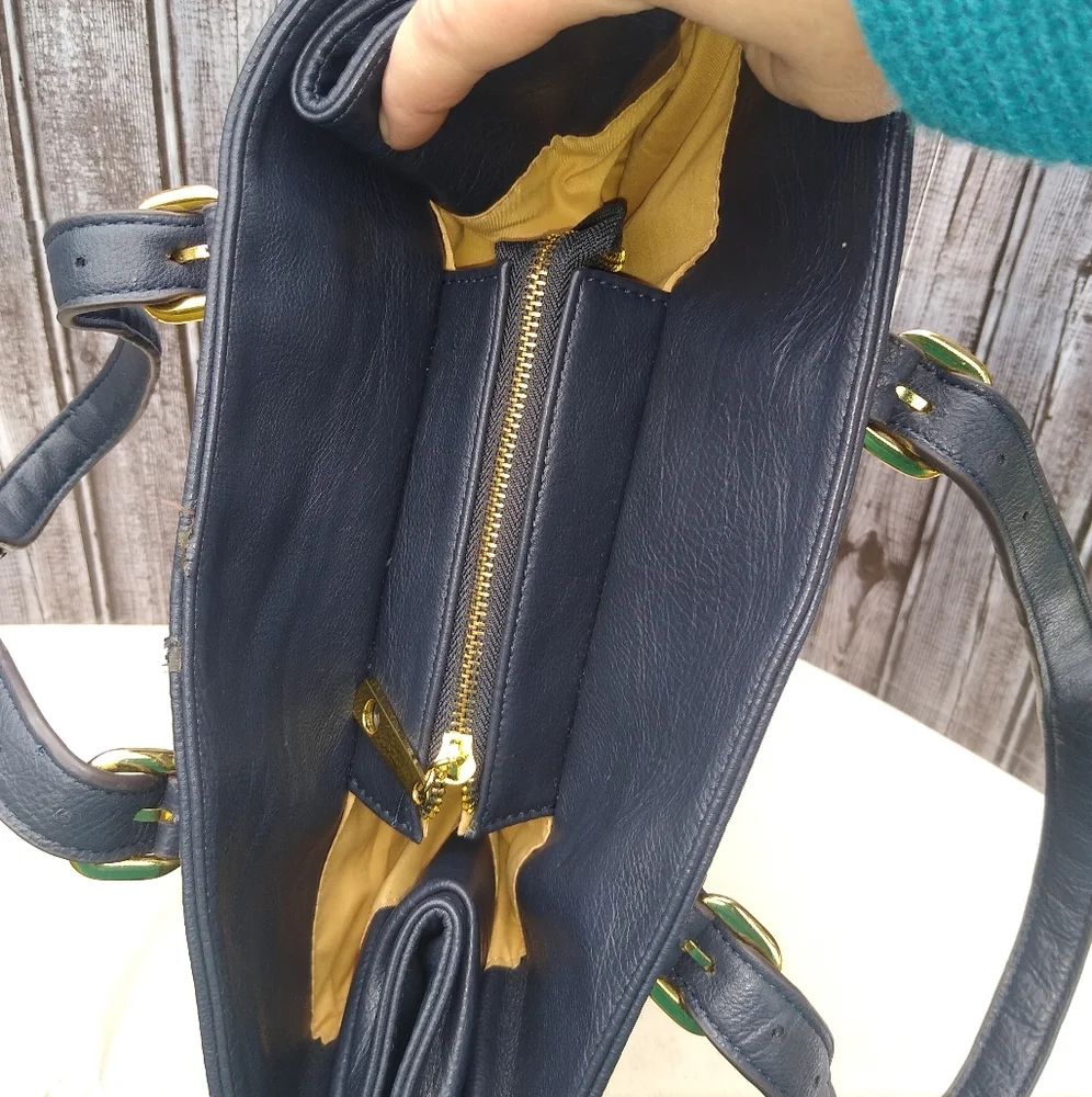 Leather Messenger Tote Bag Expandable Convertible Bag Navy Blue - Picture 15 of 16